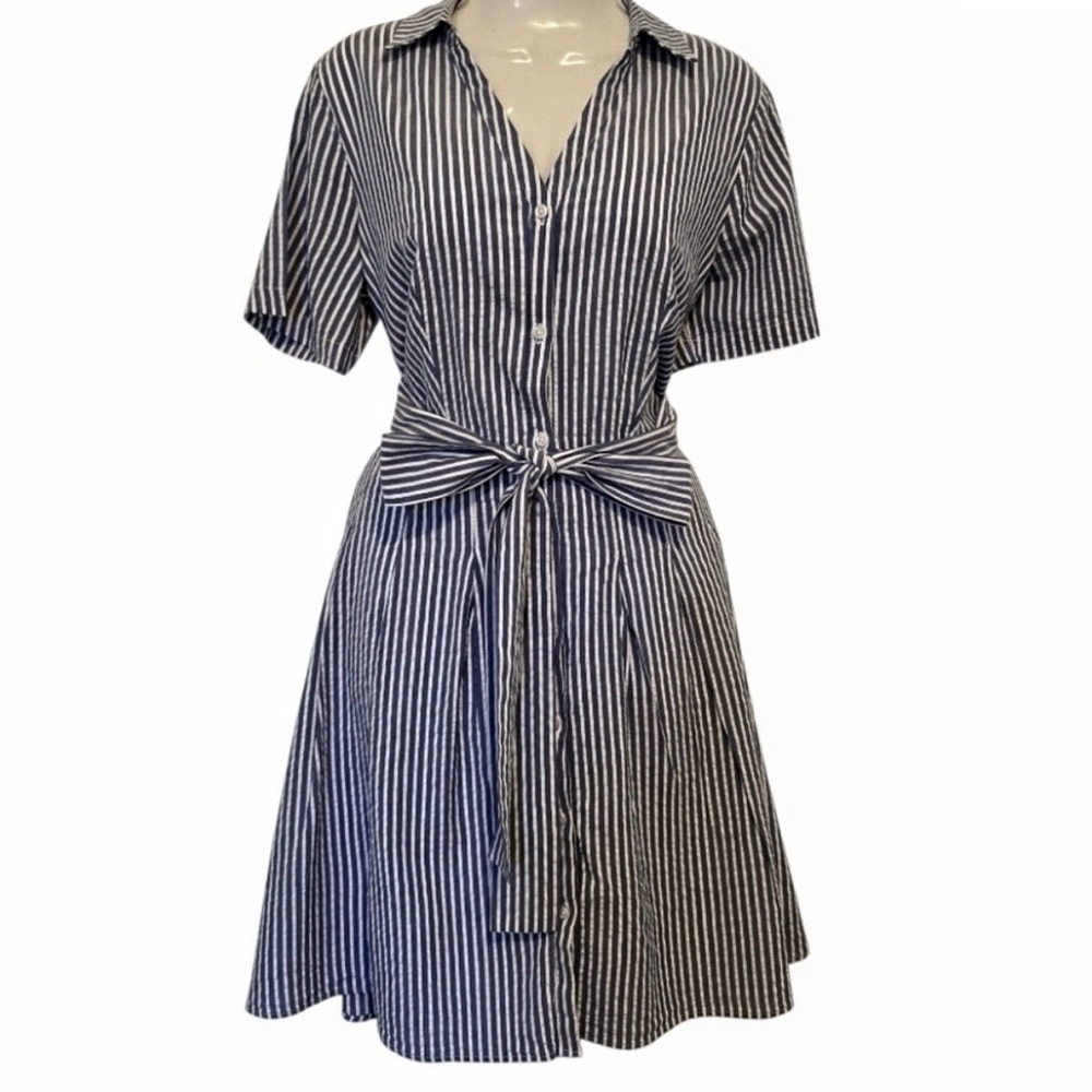 Elle Navy and White Striped Midi Shirt Dress with Tie Waist